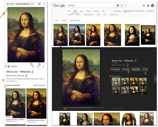 Darstellung des Großbildes in der Google Bildersuche. Links: Mobilgerät, rechts: Desktop